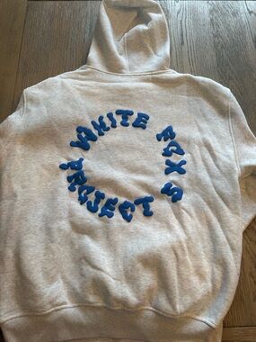 White Fox Boutique Heather Gray Hoodie w/Blue puffy letters. medium/large